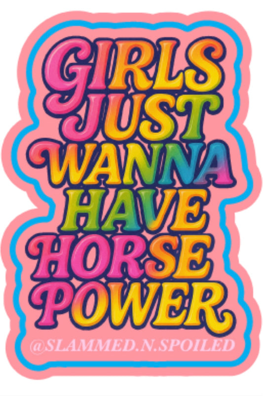 Girls Just Wanna Have Horsepower 2” Mini Sticker – Retro Rainbow Car Girl Decal