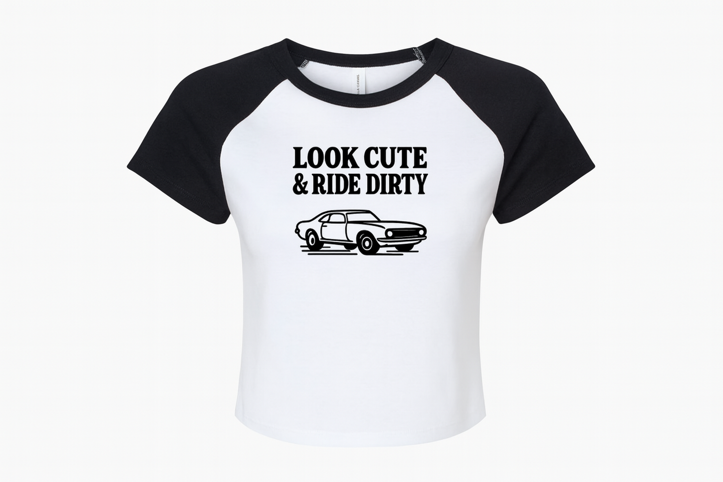 Look Cute & Ride Dirty Crop Tee – Black & White Car Girl Top