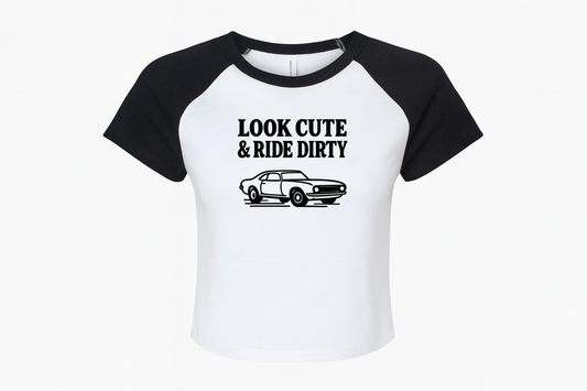 Look Cute & Ride Dirty Crop Tee – Black & White Car Girl Top